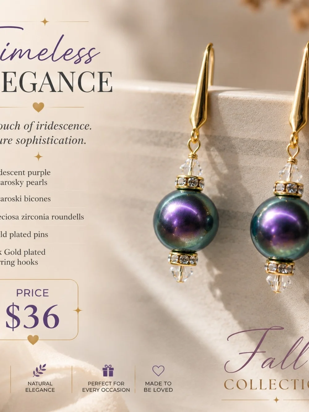Timeless Elegance Iridescent Purple Pearl Drop Earrings - Gold Plated